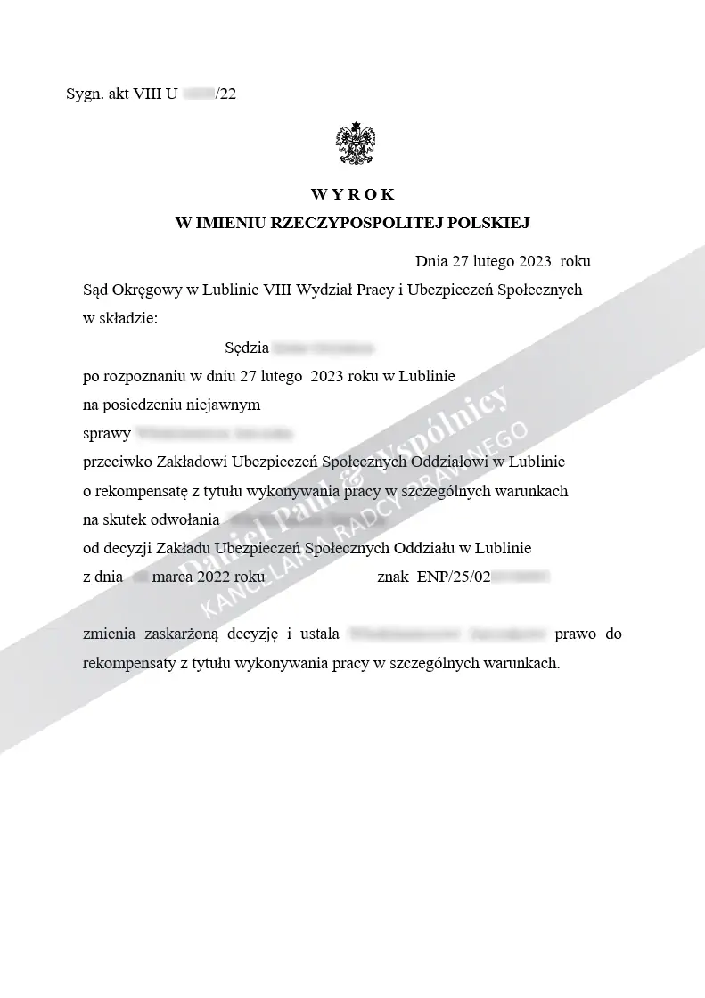 Wyrok w wygranej sprawie przyznający prawo do rekompensaty z tytułu pracy w szczególnych warunkach pracownikowi WSK PZL-Świdnik