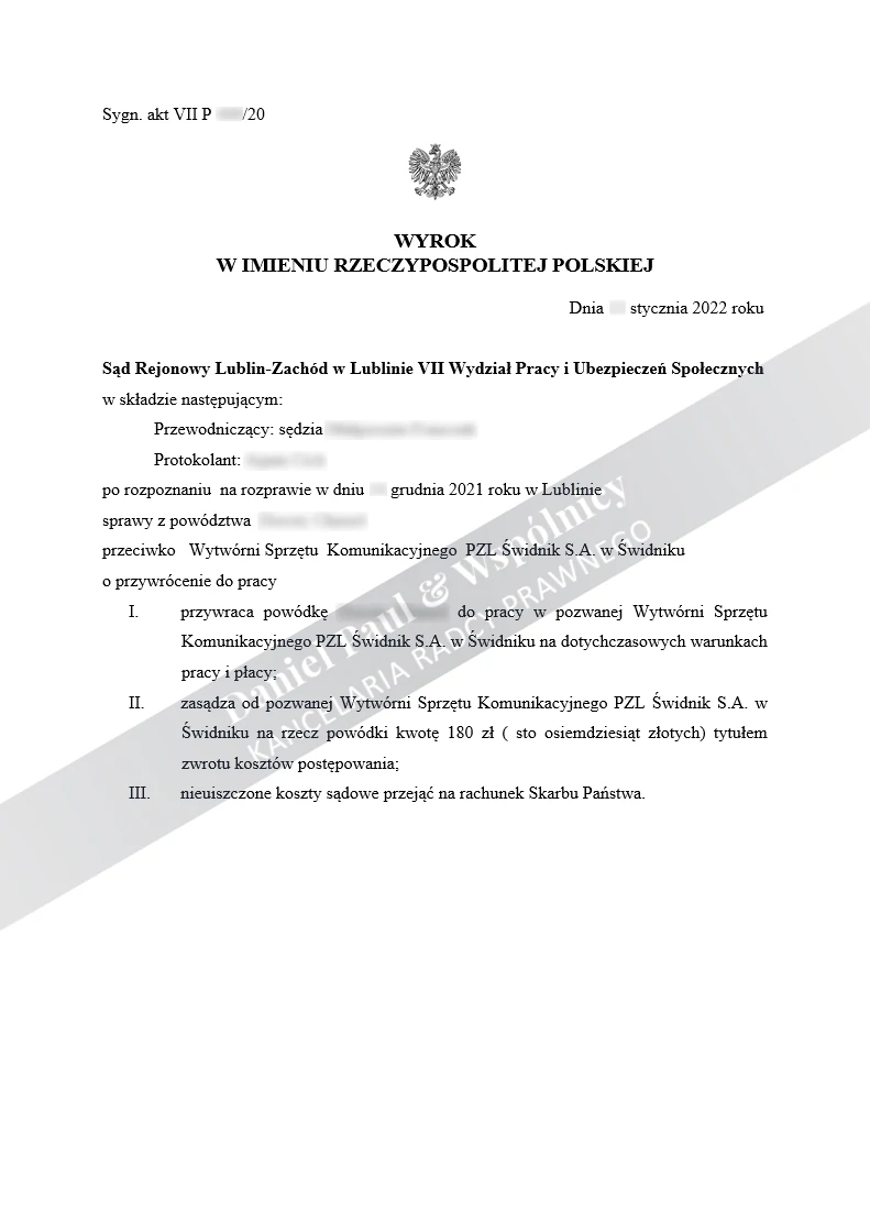 Wyrok przywracający do pracy w Wytwórni Sprzętu Komunikacyjnego PZL Świdnik