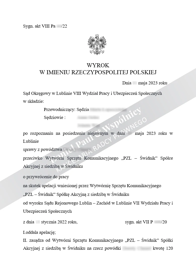 Wyrok Sądu Okręgowego w Lublinie oddalający apelację pozwanej od wyroku przywracającego do pracy w WSK PZL Świdnik - strona 1