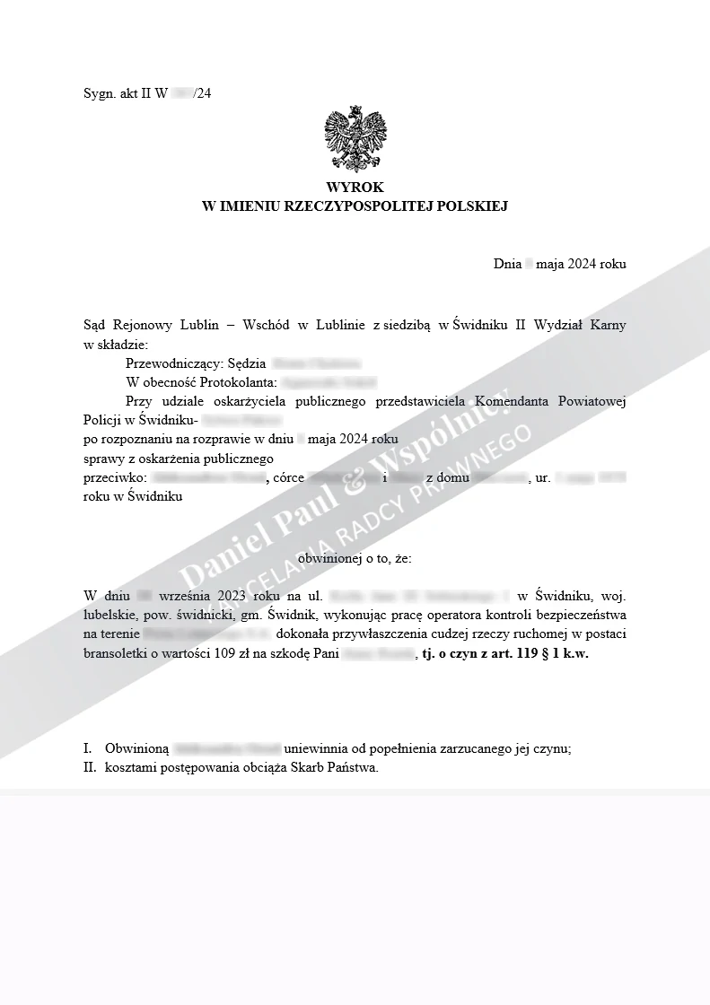 Wyrok uniewinniający oskarżoną o przywłaszczenie cudzego mienia ruchomego