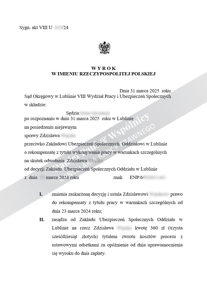 Wyrok ustalający prawo do rekompensaty